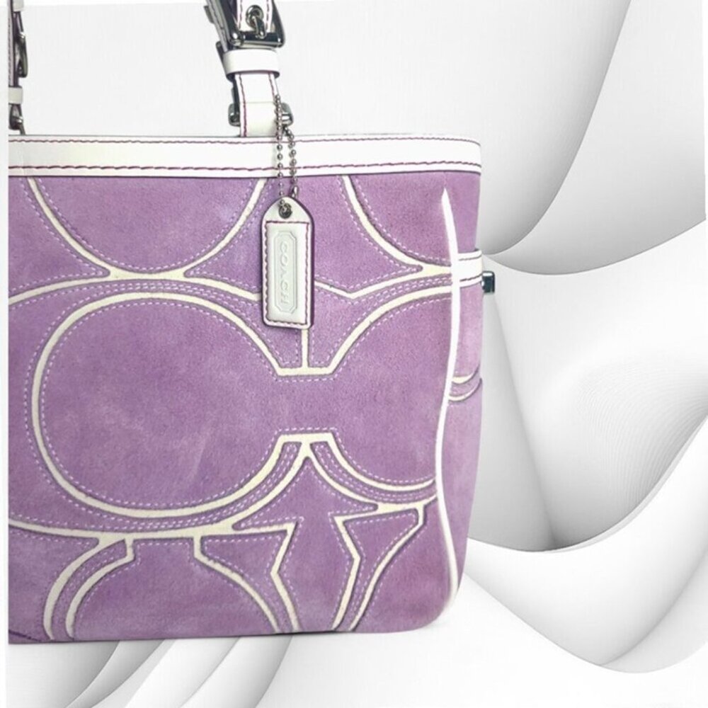 Vintage COACH Optic Signature Tote Handbag in purple Suede Y2K - Picture 4 of 11